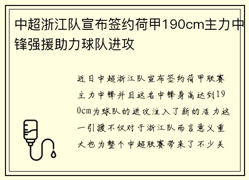 中超浙江队宣布签约荷甲190cm主力中锋强援助力球队进攻